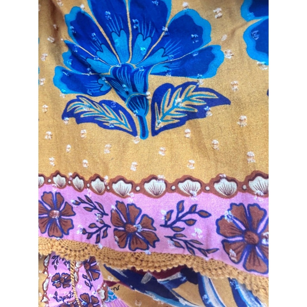 Farm Rio Yellow Floral Tiered Maxi Skirt Clip Dot Boho Crochet Trim Womens M - Picture 8 of 10